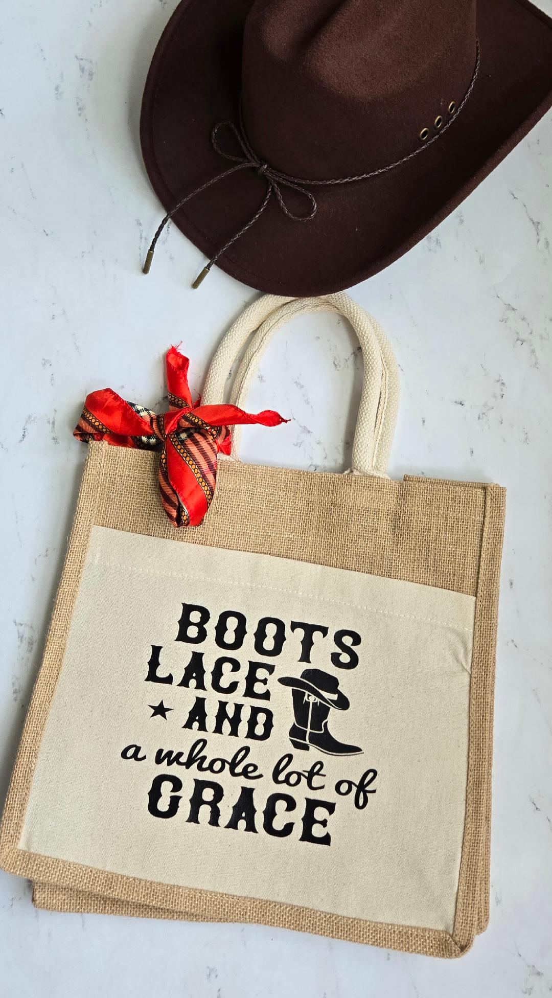 Jute Canvas Boutique Tote Bag- Boots, Lace and a whole lot of grace