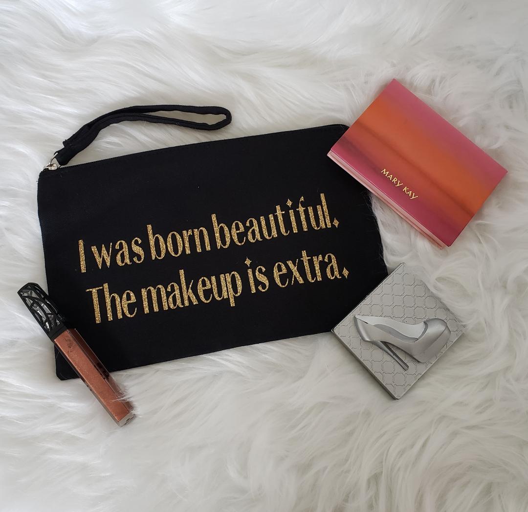 Makeup bag-Black Canvas "Born Beautiful"