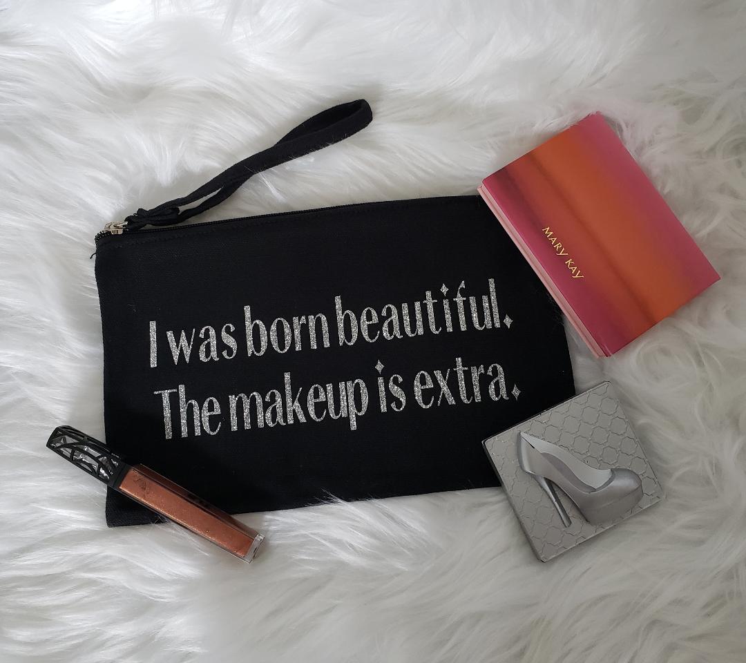 Makeup bag-Black Canvas "Born Beautiful"