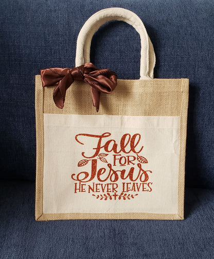 Jute Canvas Boutique Tote Bag- Fall For Jesus