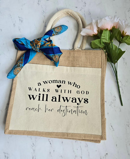 Jute Canvas Boutique Tote Bag- A woman who walks with God