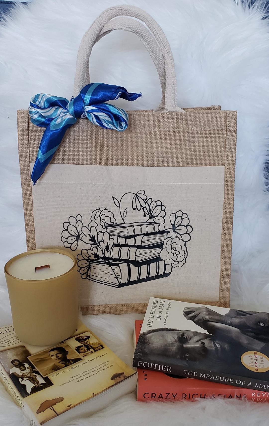 Jute Canvas Boutique Tote Bag- Books & Flowers