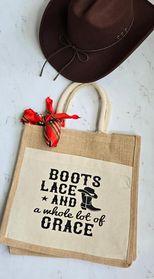 Jute Canvas Boutique Tote Bag- Boots, Lace and a whole lot of grace