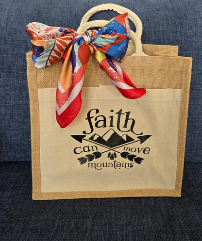 Jute Canvas Boutique Tote Bag- Faith Can Move Mountains