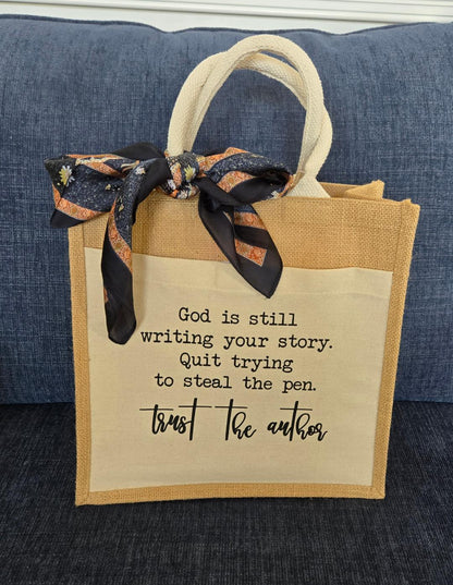 Jute Canvas Boutique Tote Bag- God is still writing your story