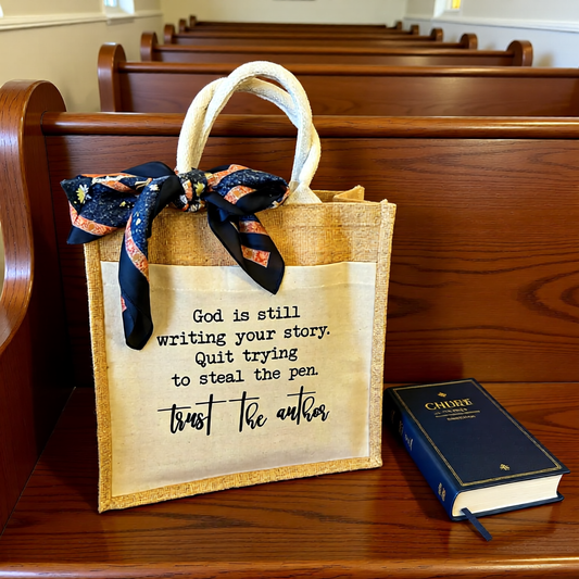 Jute Canvas Boutique Tote Bag- God is still writing your story