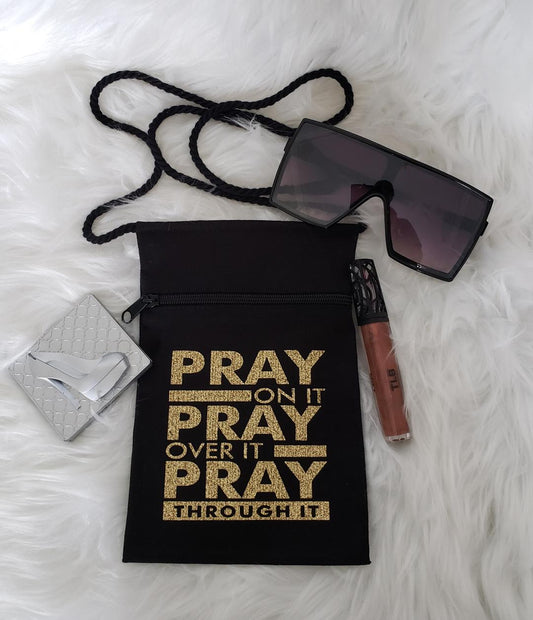 Black Canvas Cross Body Bag "Pray On It "