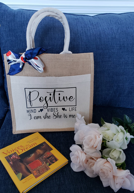 Jute Canvas Boutique Tote Bag- Positive Vibes