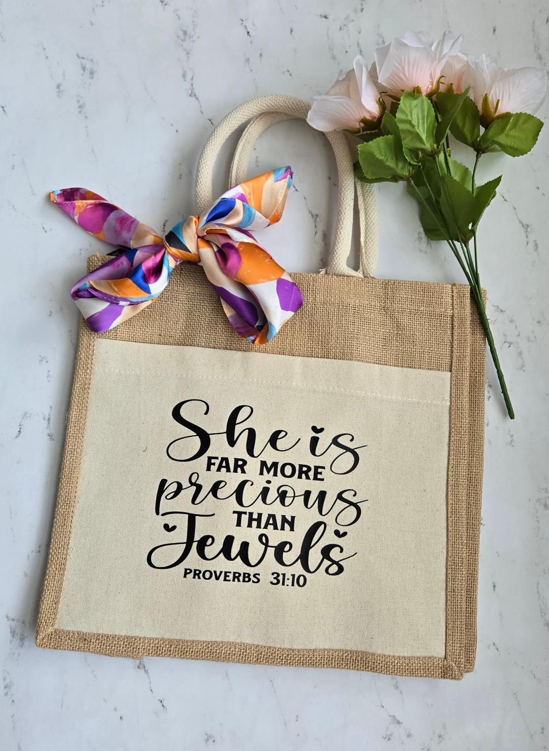 Jute Canvas Boutique Tote Bag- She is far more precious than jewels
