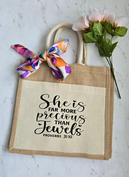 Jute Canvas Boutique Tote Bag- She is far more precious than jewels