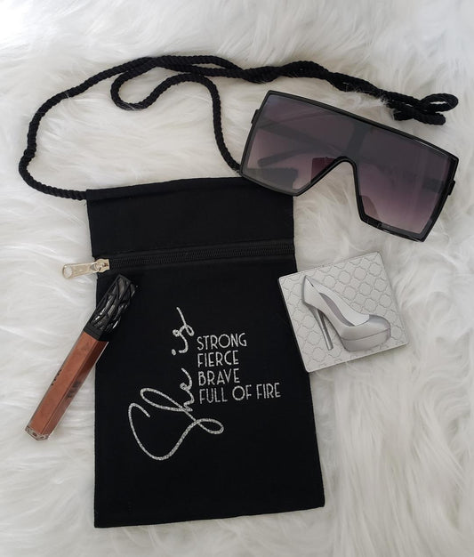 Black Canvas Cross Body Bag "She Is"