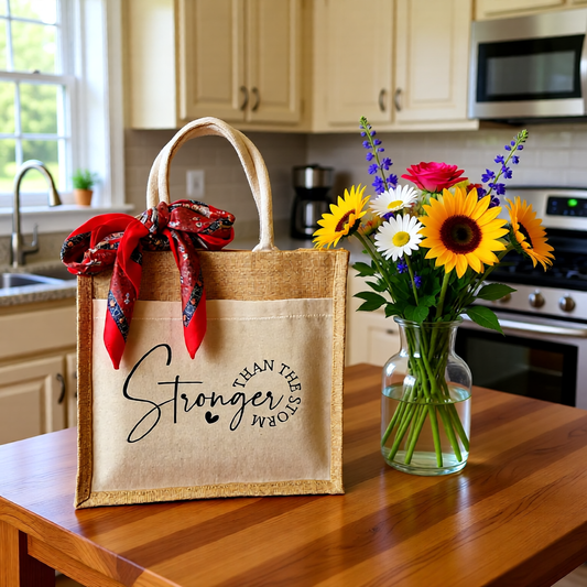 Jute Canvas Boutique Tote Bag- Stronger Than The Storm