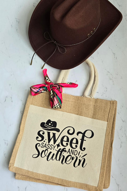 Jute Canvas Boutique Tote Bag- Boots, Sweet, Sassy & Southern
